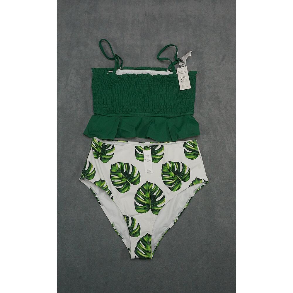 Cupshe Green High Waisted Bikini Set Leaf Print Smocked Top Size L NWT